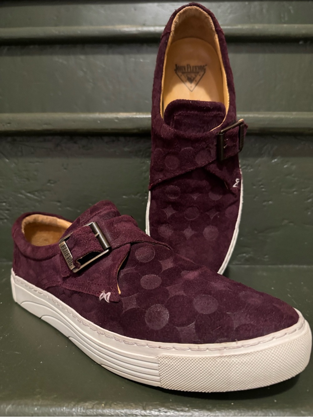 John Fluevog Men's Size 9 Purple Embossed Polka Dot Suede Single Monk Strap Shoe